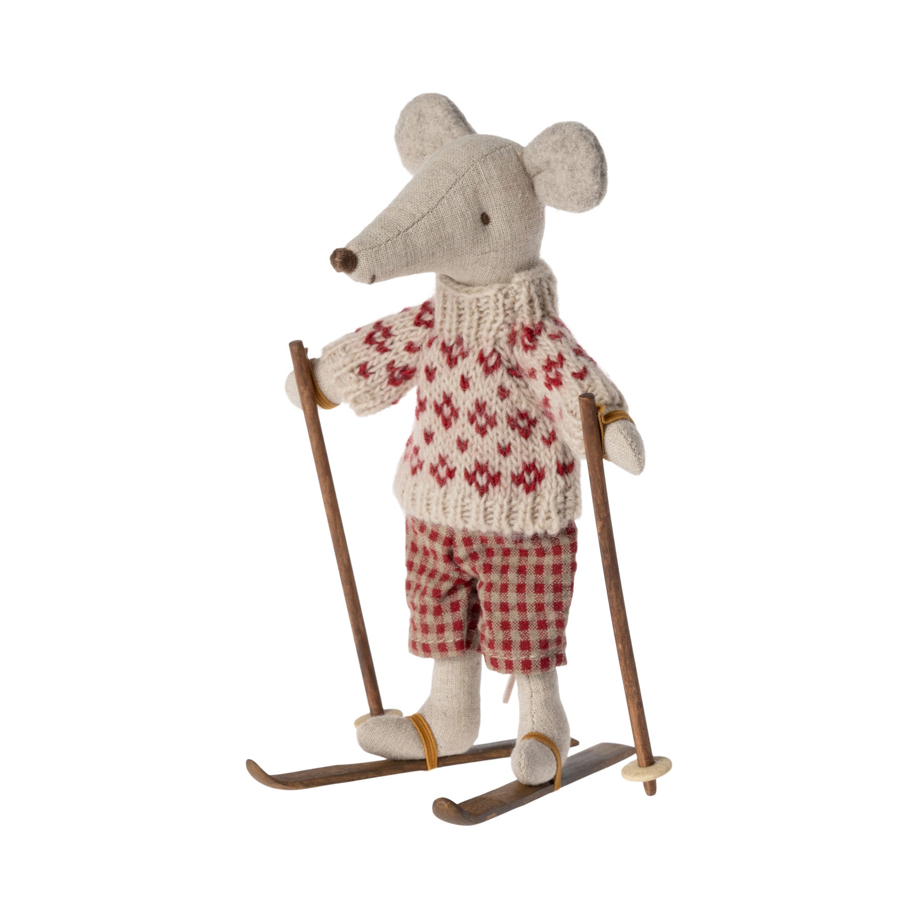 maileg mum mouse standing on wooden skis holding ski poles