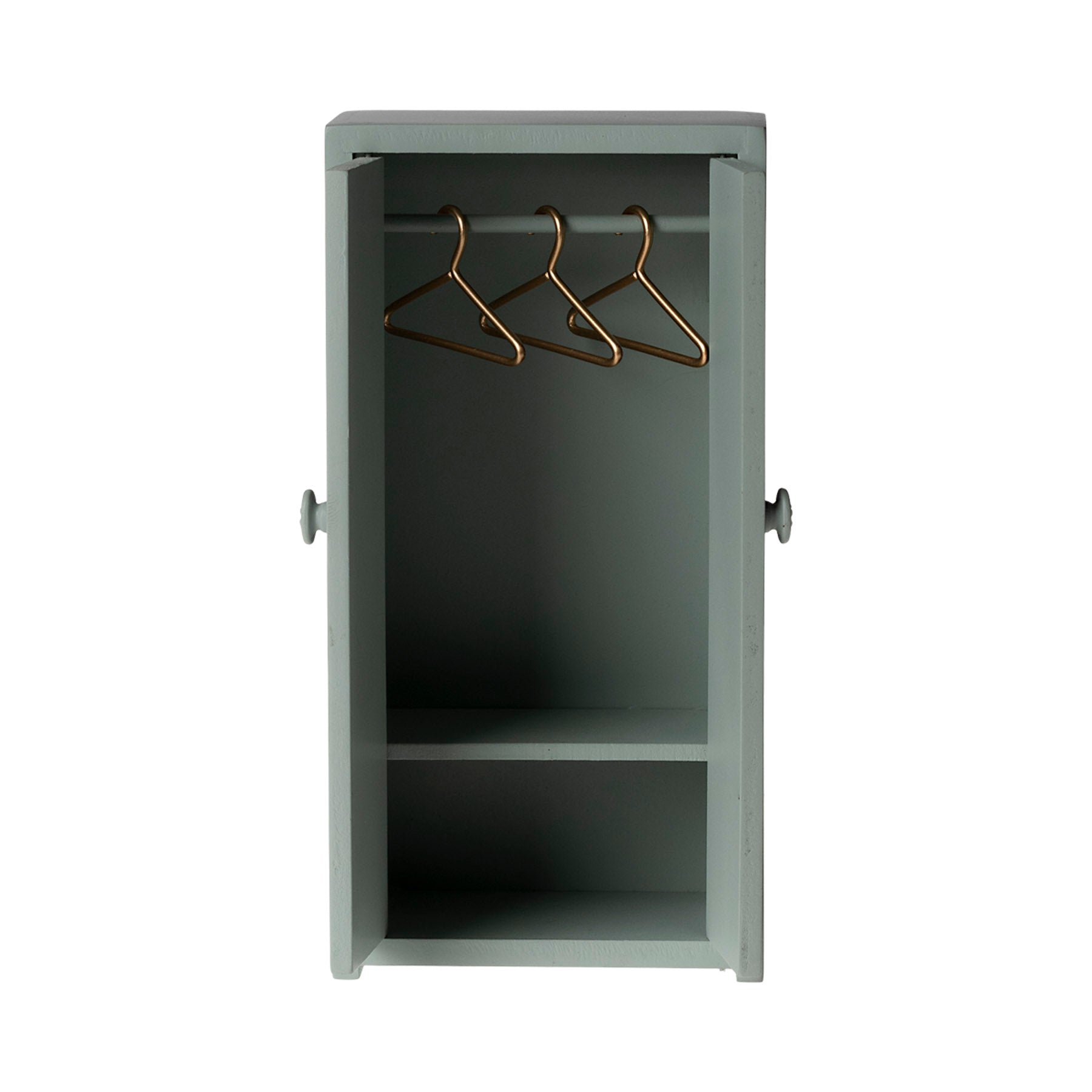 maileg pale mint dollshouse wardrobe with the doors open showing 3 gold hangers