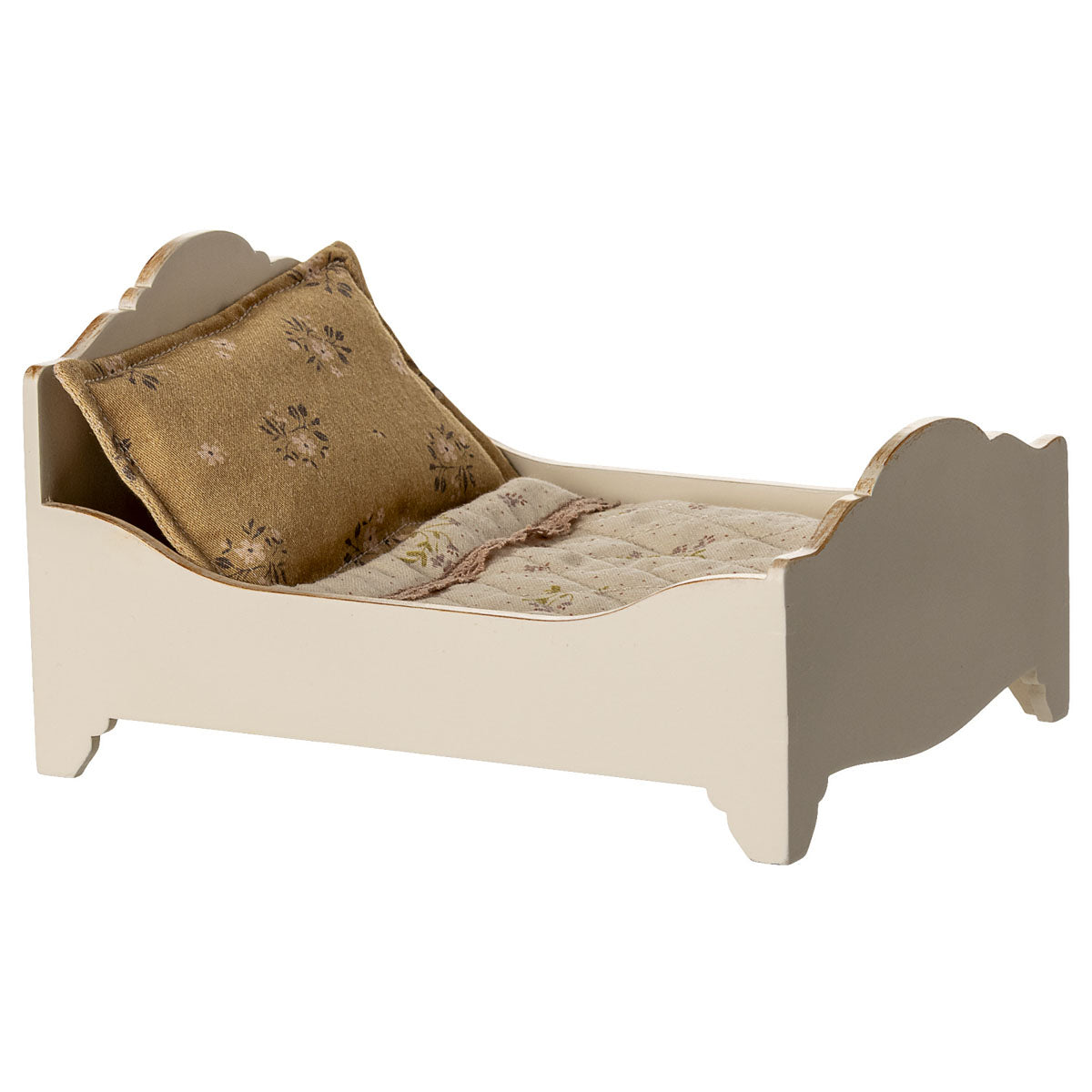 Maileg Small bed for Maileg Mice with floral bedding and pillow on a white background