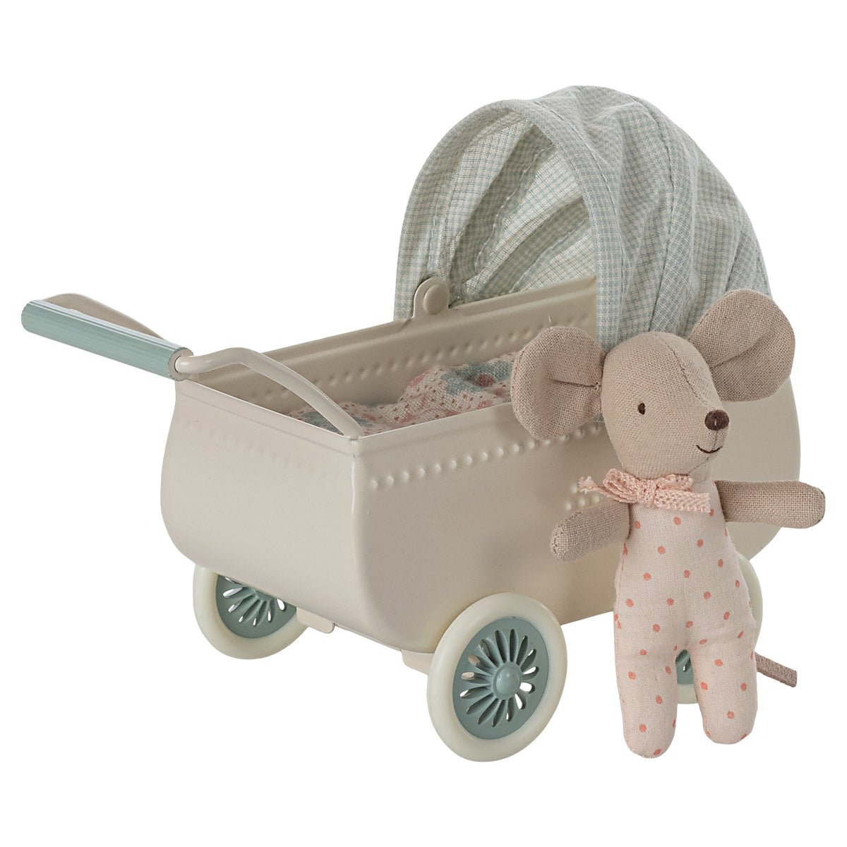Maileg Pram with Baby Mouse - Mint - I Want That Present