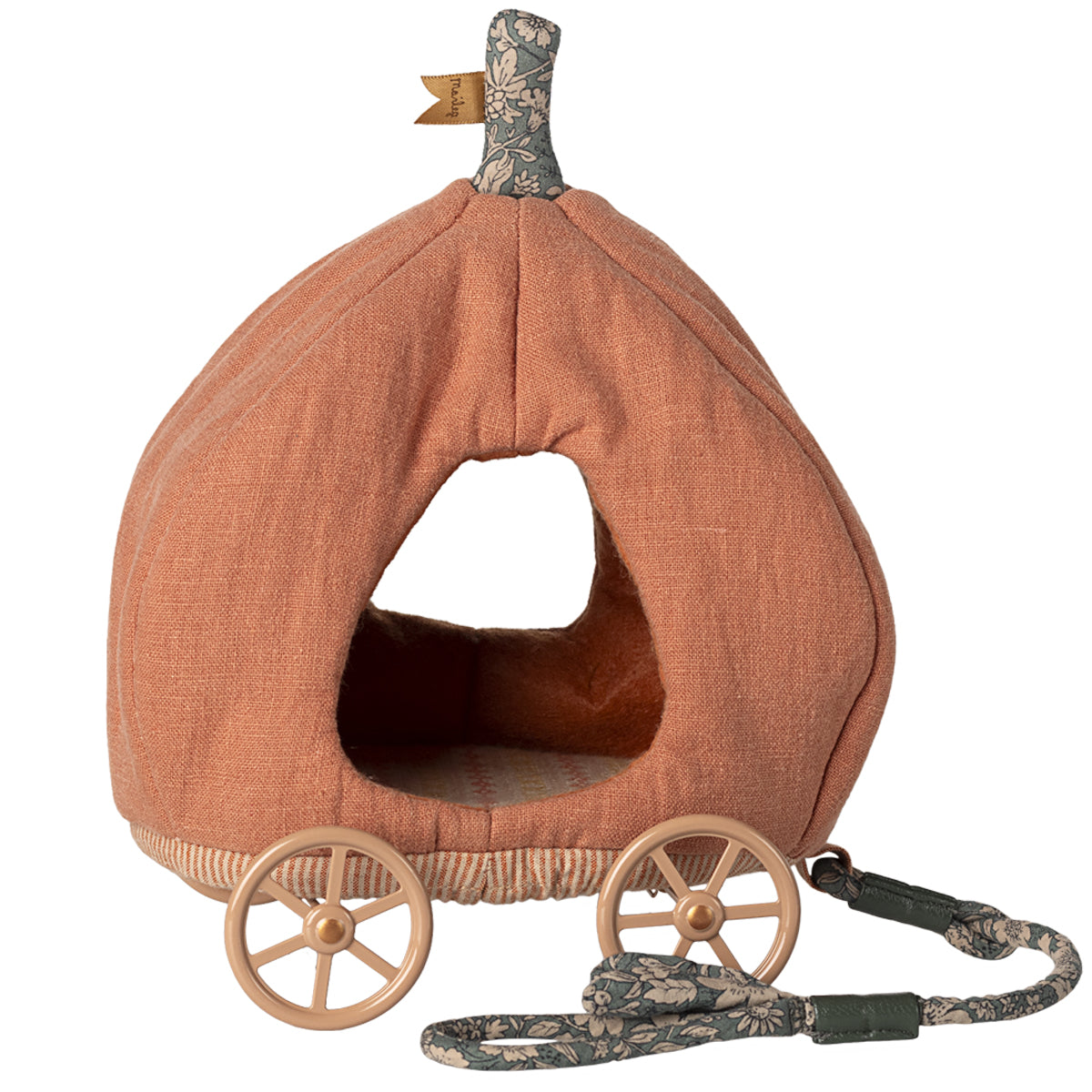 Brown fabric  maileg mouse pumpkin carriage with wheels with a flag on top on a white background