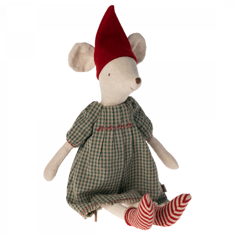 Maileg Christmas Girl Mouse, Medium - Red Hat & Check Dress