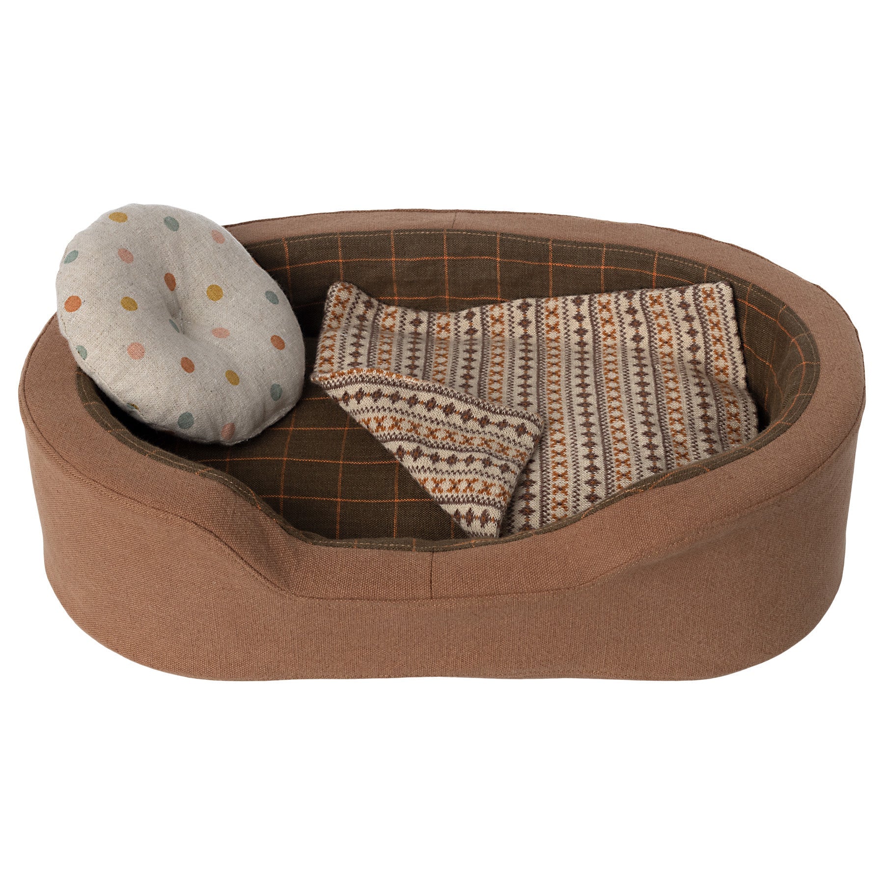 maileg little brown basket with a pillow and blanket