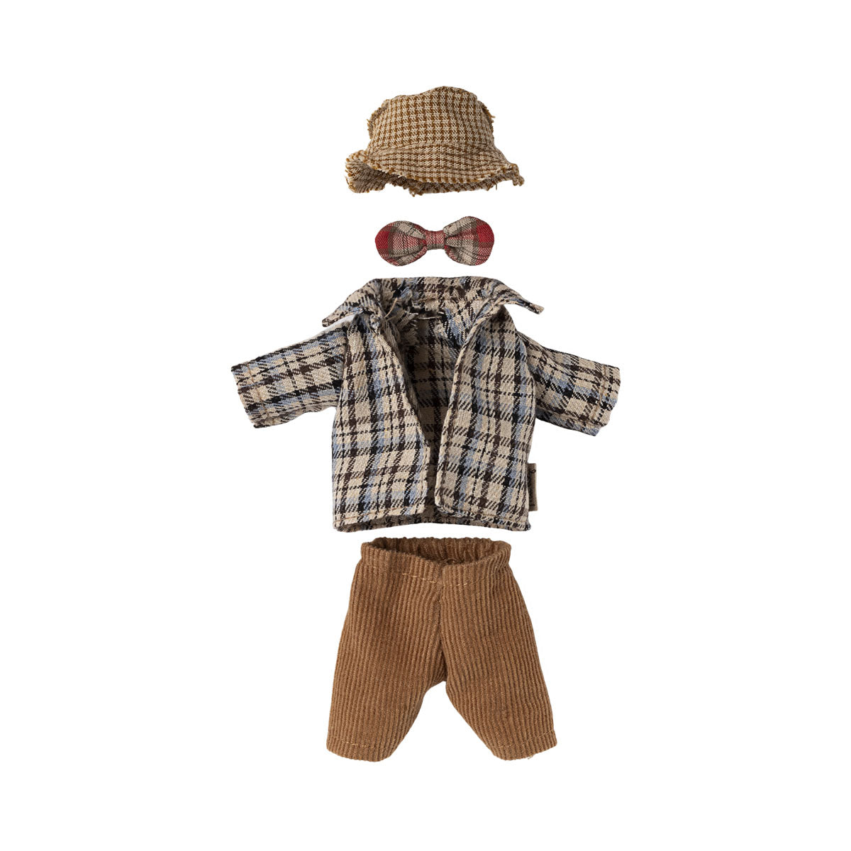 Toy mouse Plaid shirt, pants, hat, and bow tie set on a white background