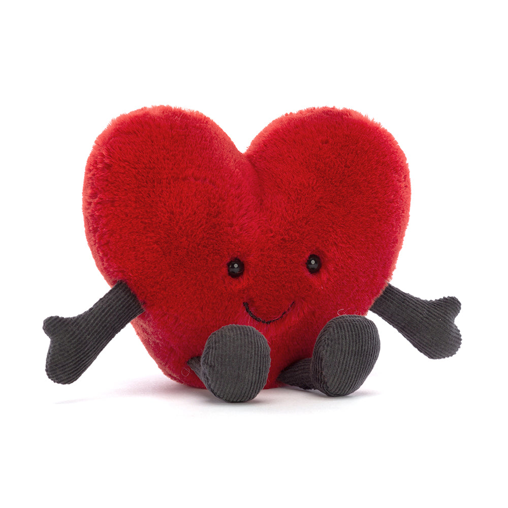 jellycat red heart plush toy with black cordy arms & legs, bead eyes and an embroidered smiley mouth