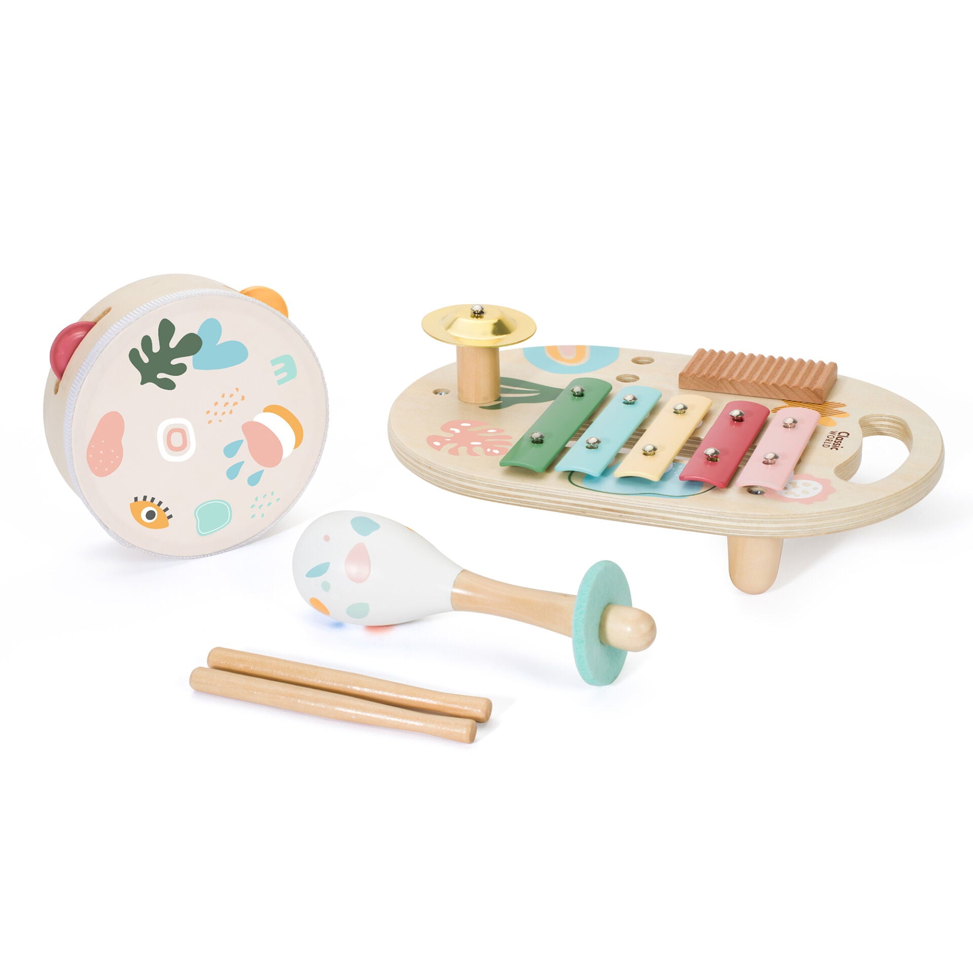 classic world set of 3 colourful insturments, a tambourine, xylophone and a maraca