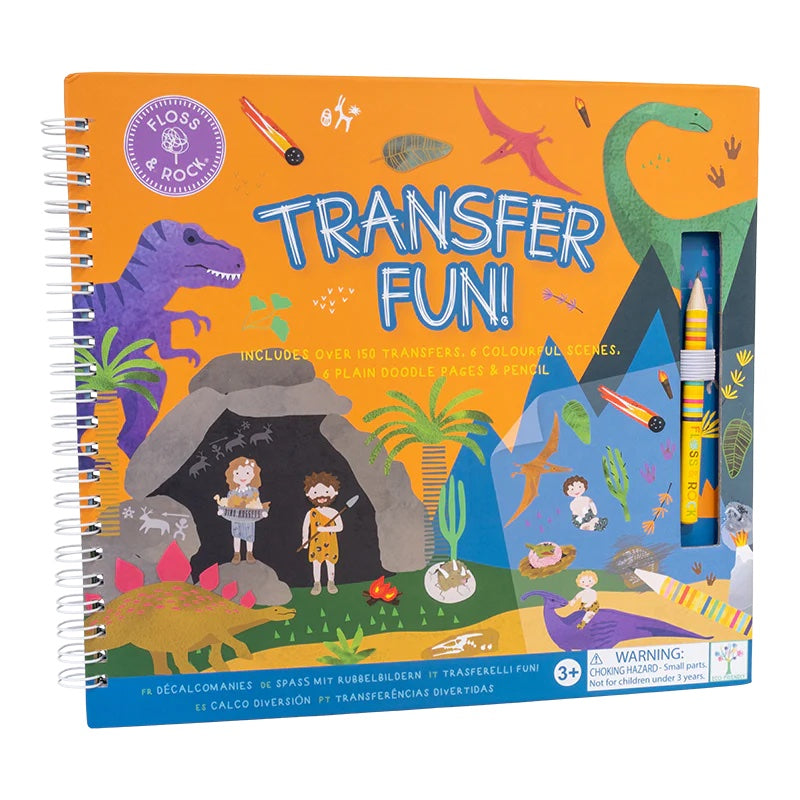 floss and rock dinosaur transfer fun book with an orange cover and and various dinosaurs