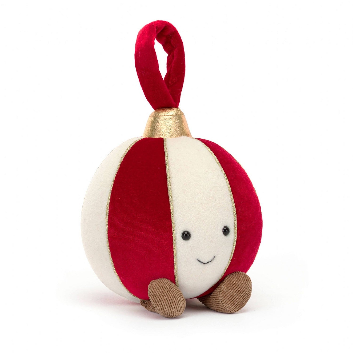 jellycat amuseable red and white christmas bauble with bead eyes, an embroidered mouth and cord boots