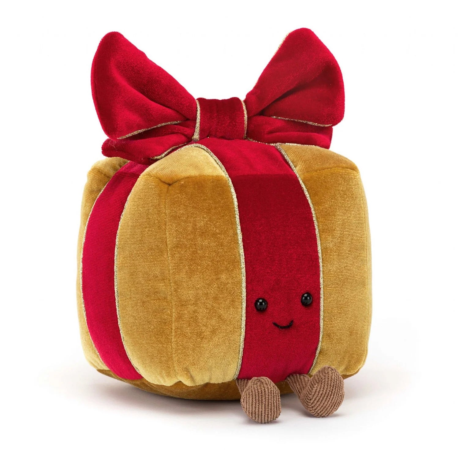 jellycat amuseable present in a golden brown with a red velvet bow