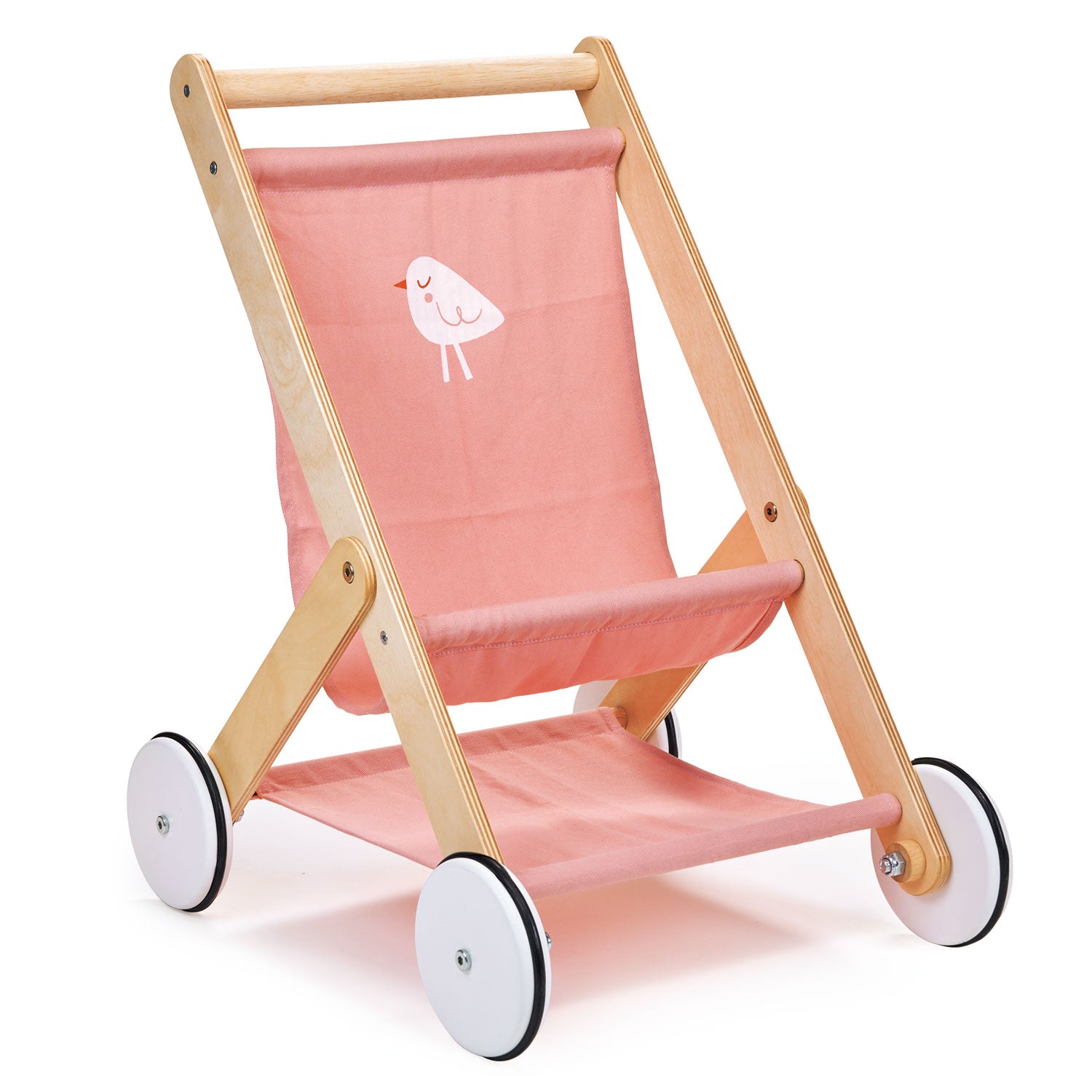 Mentari baby doll stroller in pink with a little bird motif