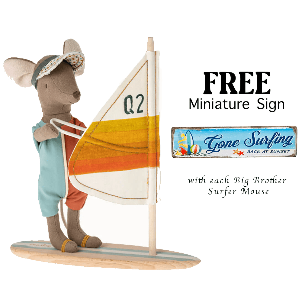 Maileg Surfer Big Brother Mouse + Wooden Sign - I Want That Present