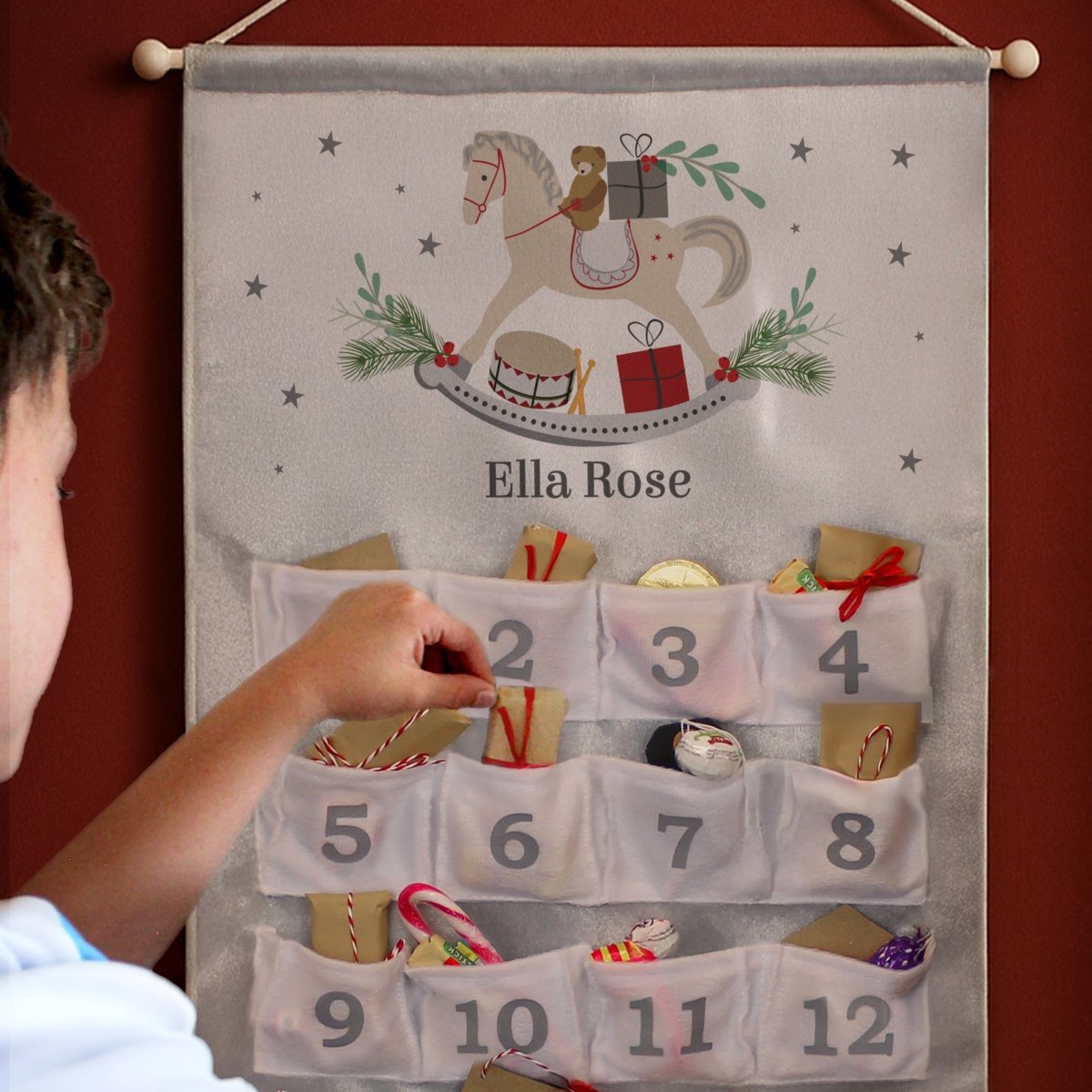 Personalised Rocking Horse Advent Calendar In Silver Grey - I Want That Present