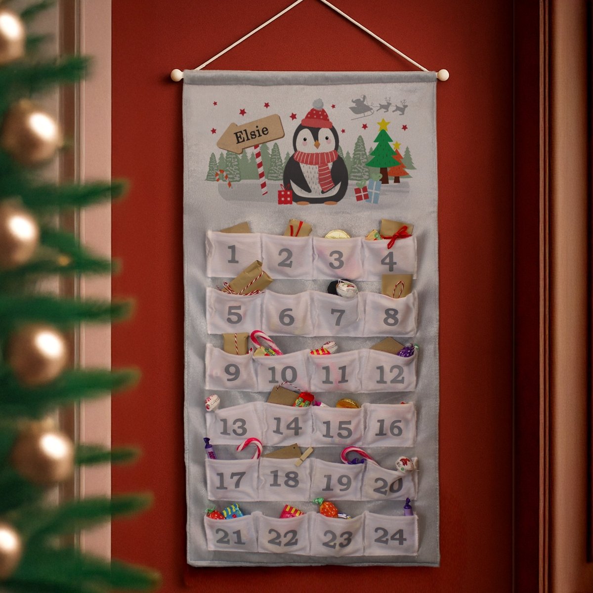 Personalised Christmas Penguin Advent Calendar In Silver Grey - I Want That Present