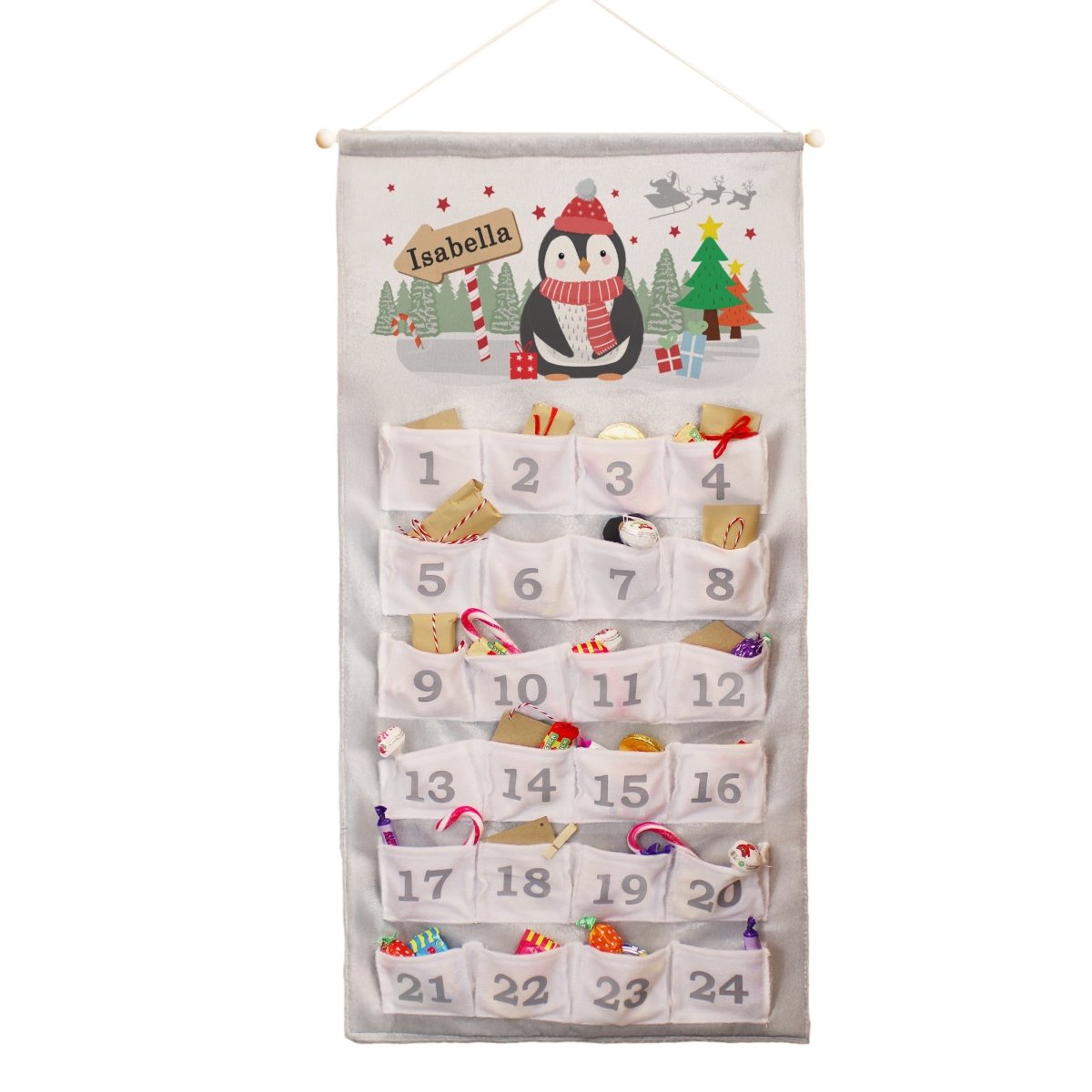 Personalised Christmas Penguin Advent Calendar In Silver Grey - I Want That Present