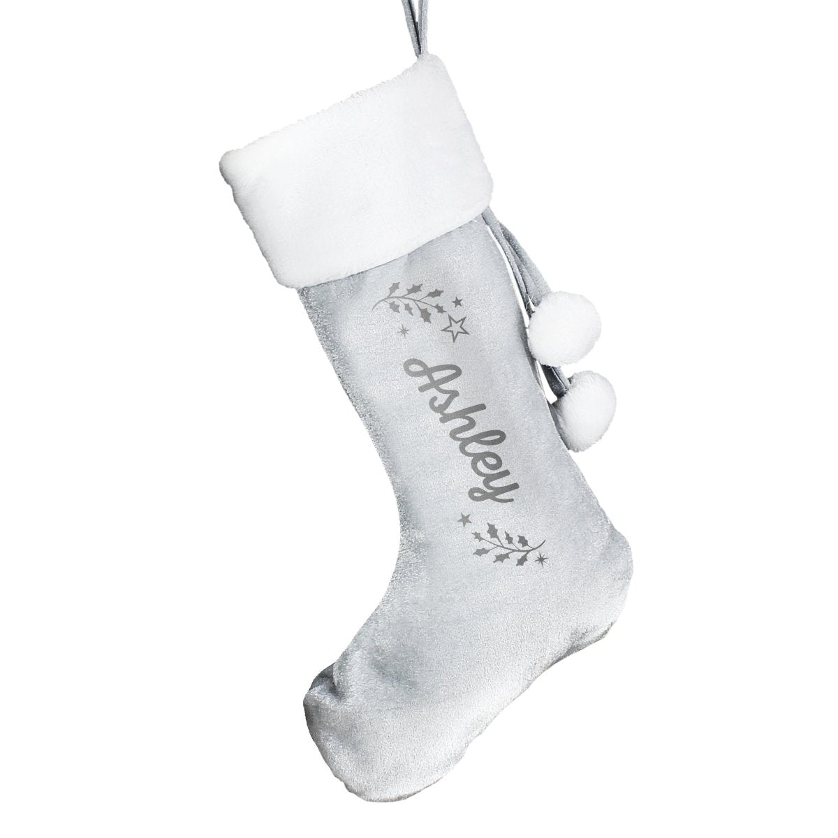 Personalised Holly Grey Christmas Stocking - I Want That Present