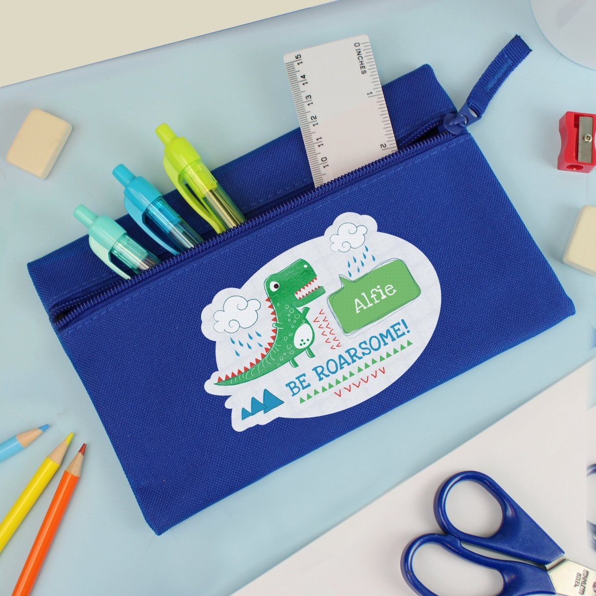 Personalised 'Be Roarsome' Dinosaur Blue Pencil Case - I Want That Present