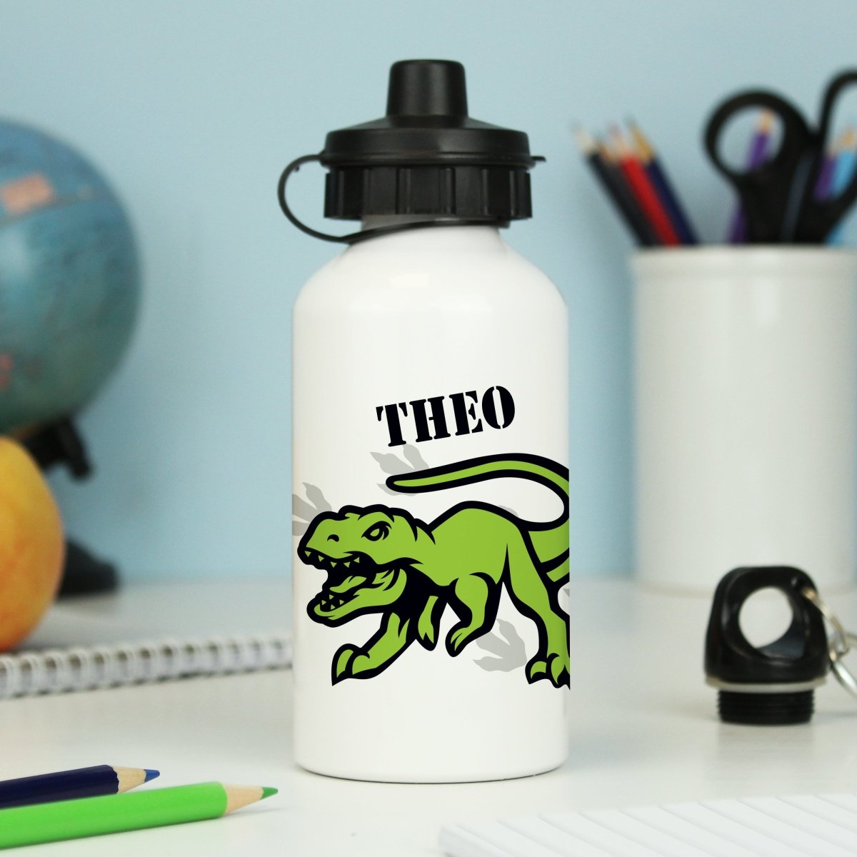 Personalised Dinosaur White Drinks Bottle - I Want That Present