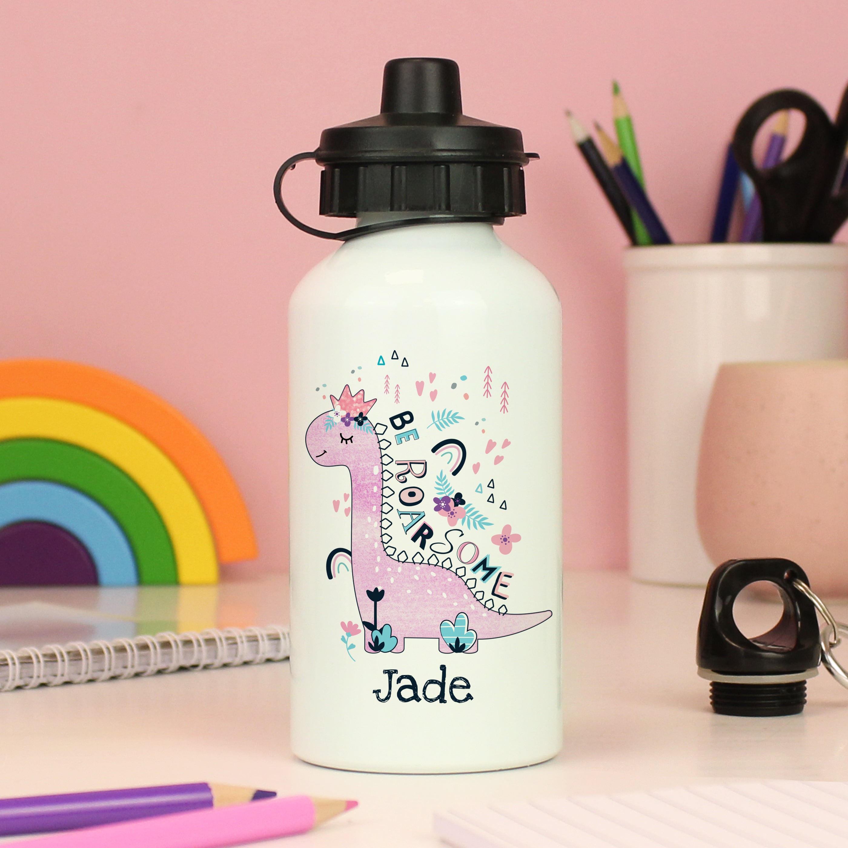Personalised Pink Dinosaur Drinks Bottle
