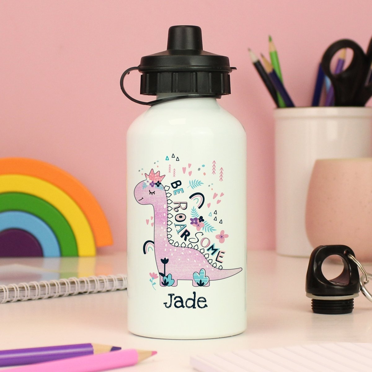 Personalised Pink Dinosaur Drinks Bottle - I Want That Present