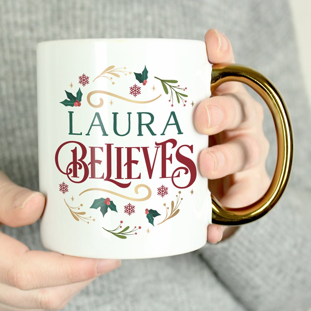 Personalised Believes In Christmas Gold Handled Mug - I Want That Present
