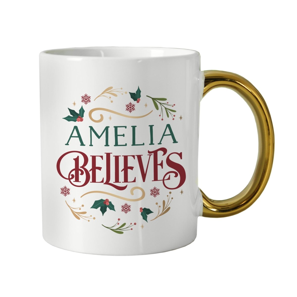 Personalised Believes In Christmas Gold Handled Mug - I Want That Present