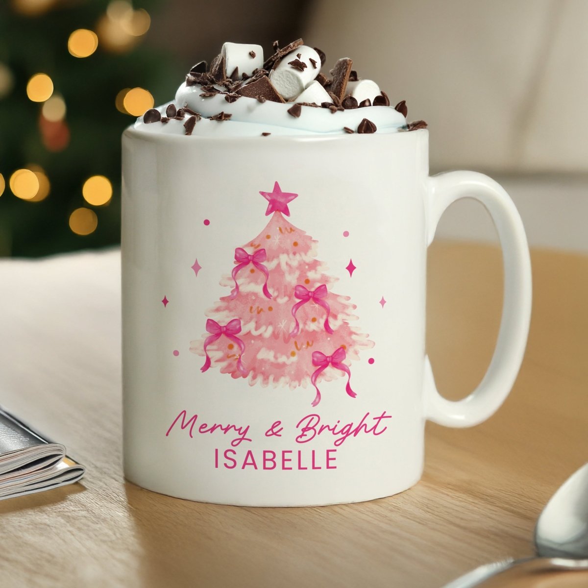 Personalised Pink Christmas Tree Mug - I Want That Present