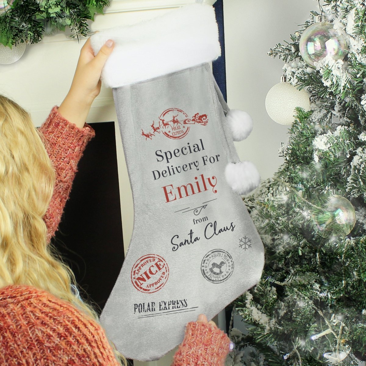 Personalised Special Delivery Silver Grey Stocking - I Want That Present