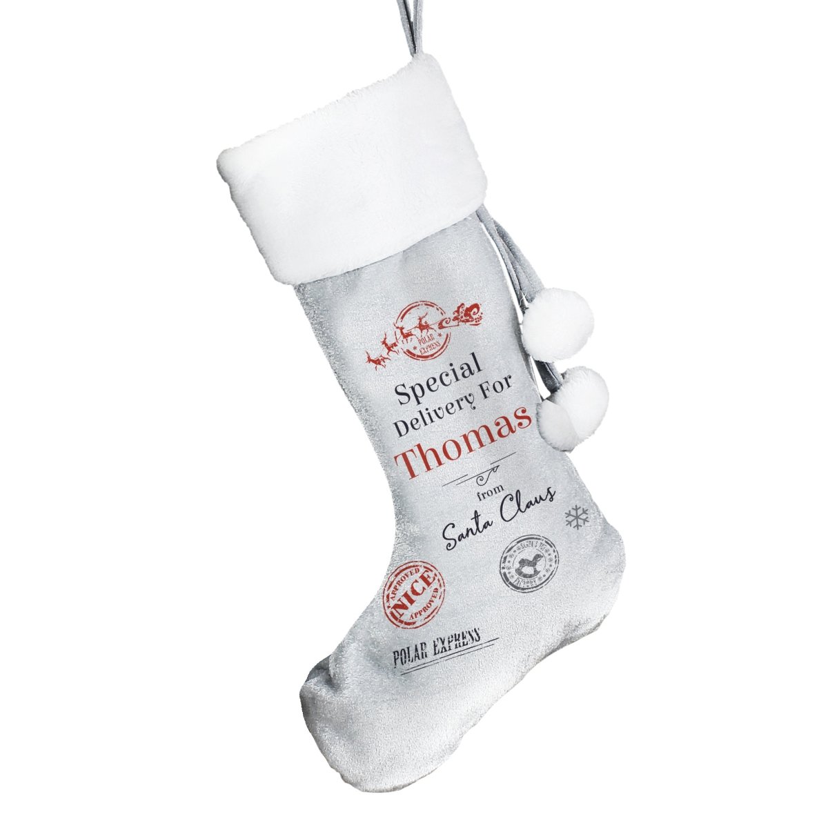 Personalised Special Delivery Silver Grey Stocking - I Want That Present