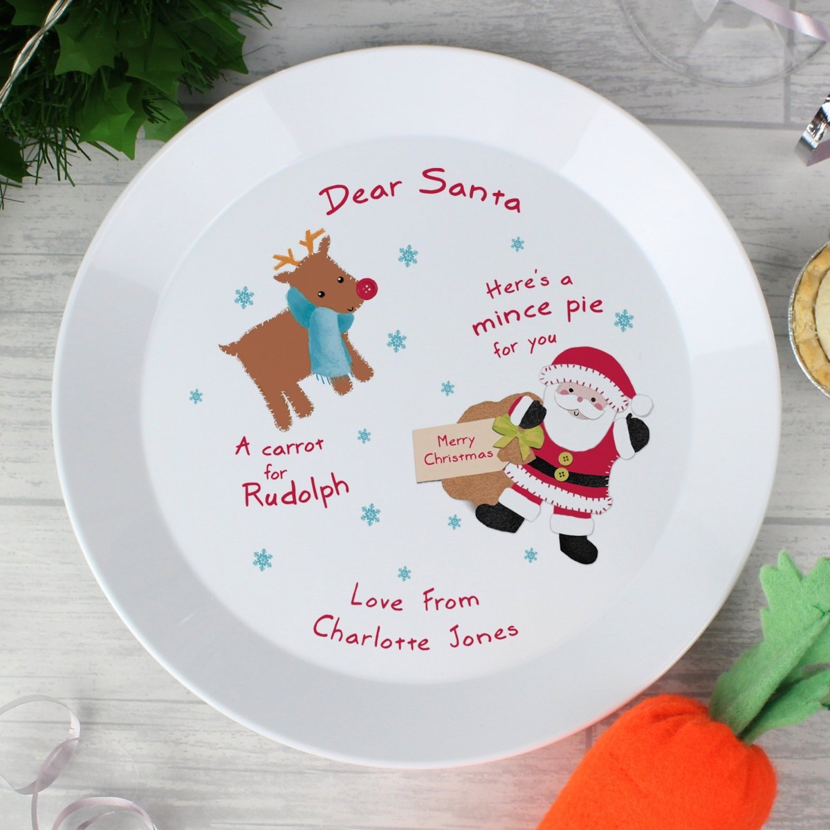 Personalised Santa and Rudolph Christmas Eve Mince Pie Plastic Plate - I Want That Present
