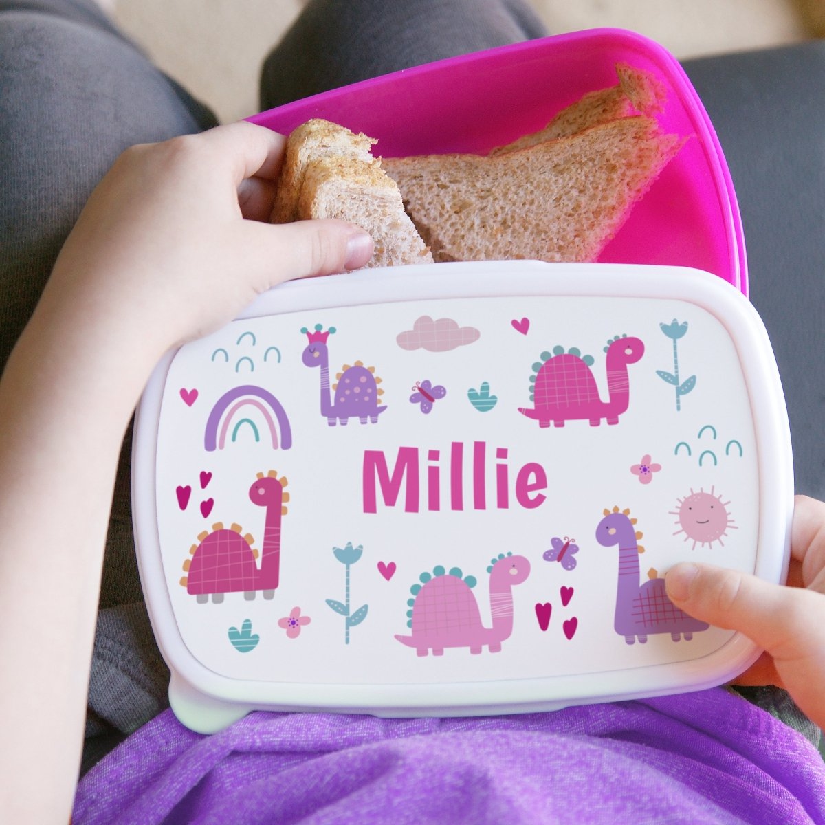 Personalised Girly Dinosaurs Name Only Pink Lunch Box - I Want That Present