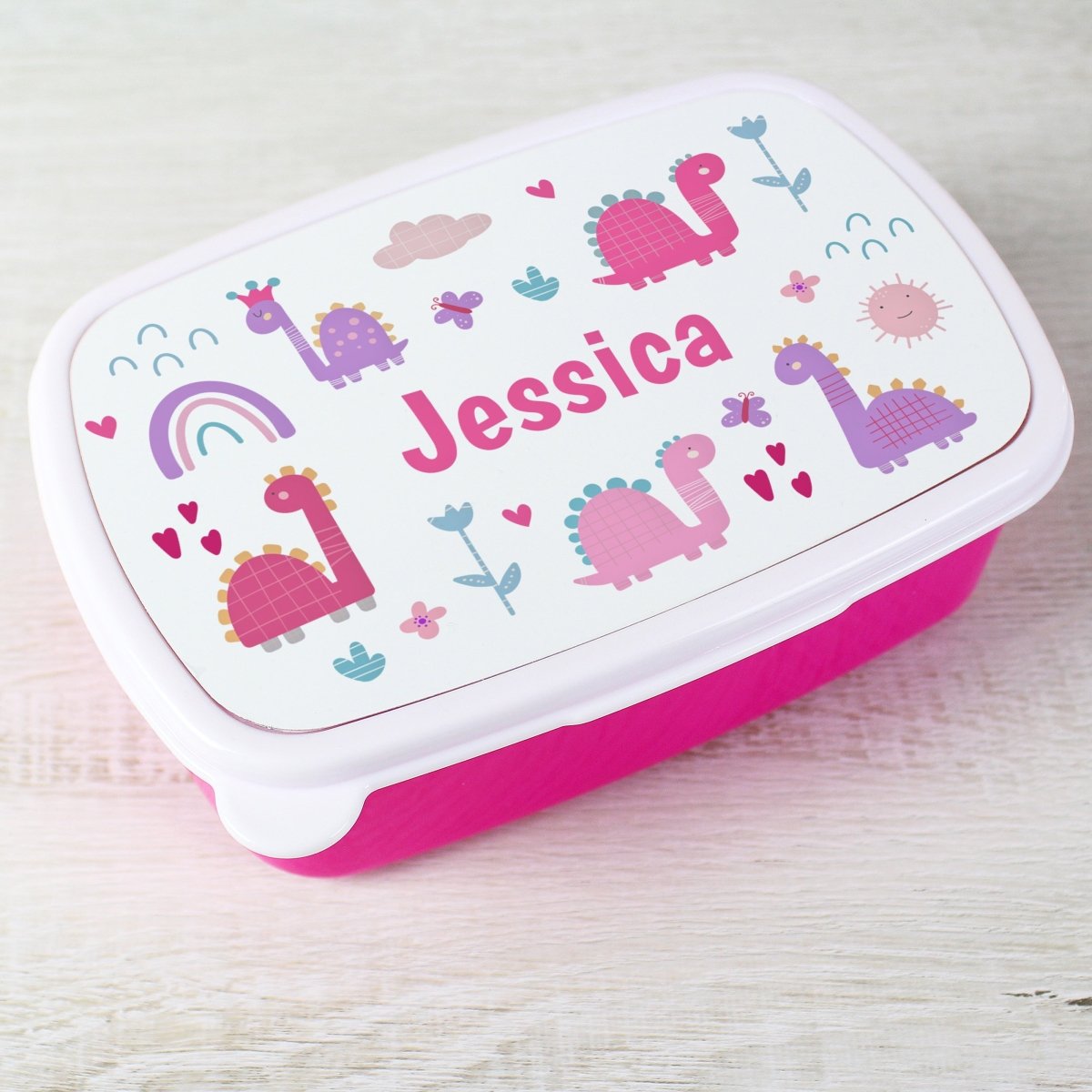 Personalised Girly Dinosaurs Name Only Pink Lunch Box - I Want That Present