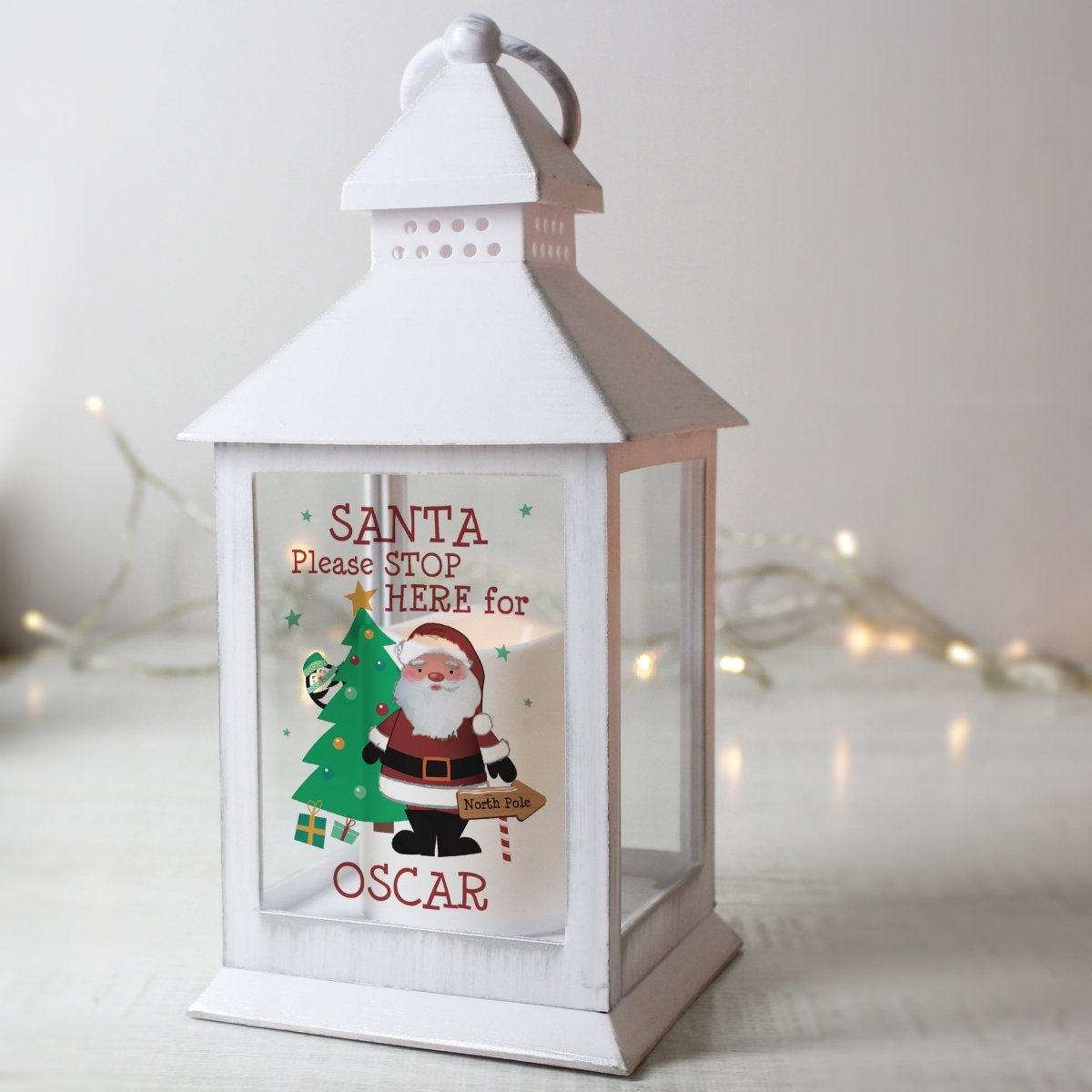 Personalised Santa Stop Here White Lantern - I Want That Present