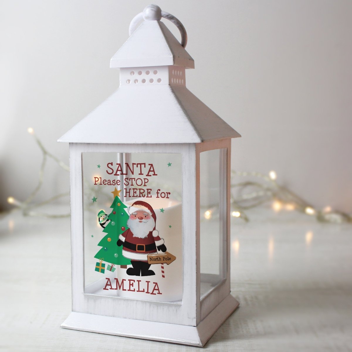 Personalised Santa Stop Here White Lantern - I Want That Present