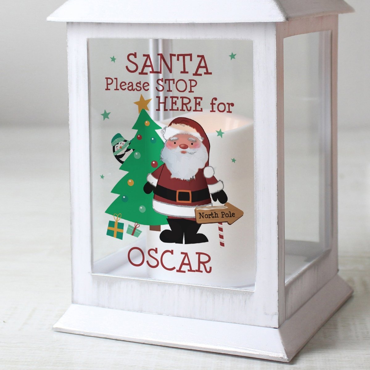 Personalised Santa Stop Here White Lantern - I Want That Present