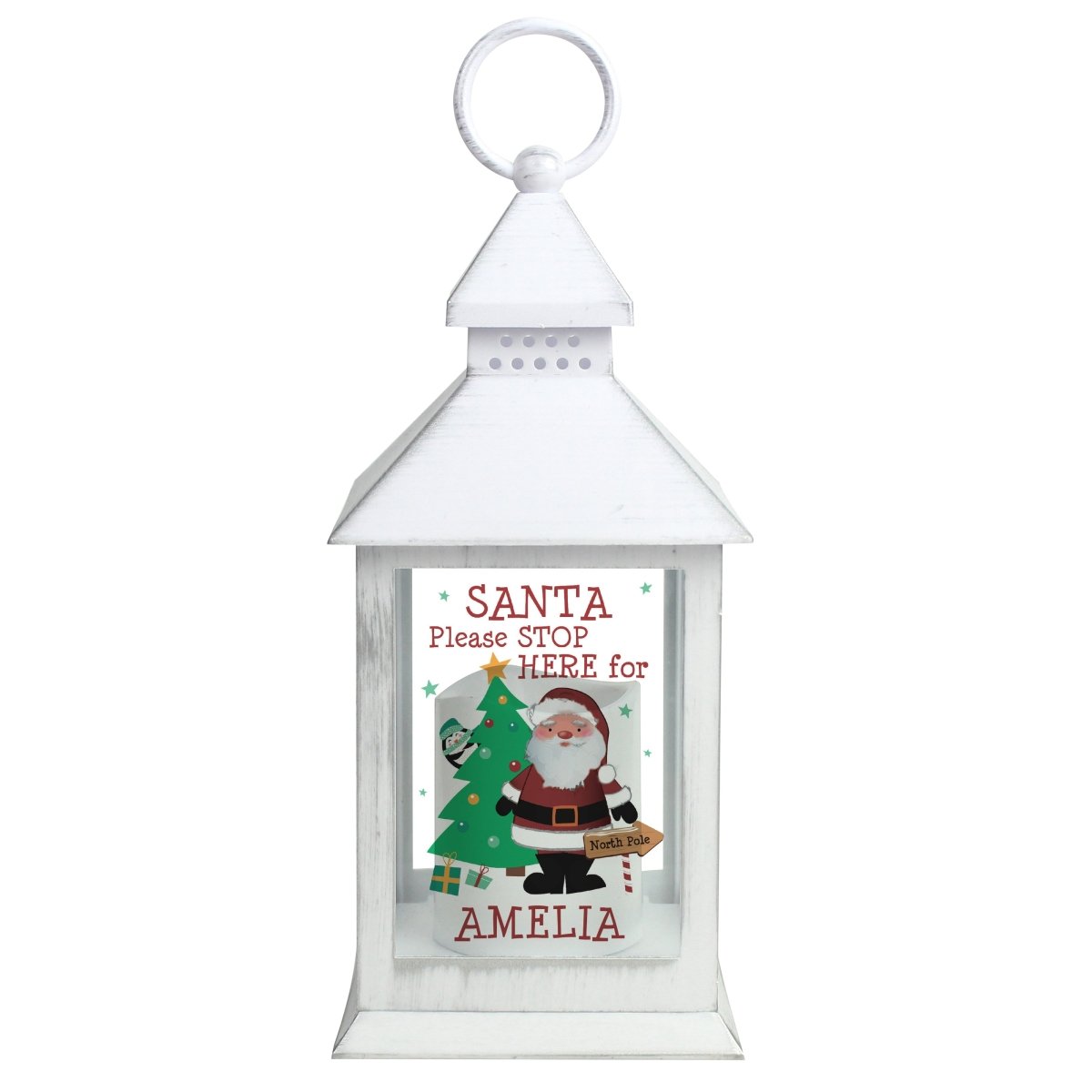 Personalised Santa Stop Here White Lantern - I Want That Present