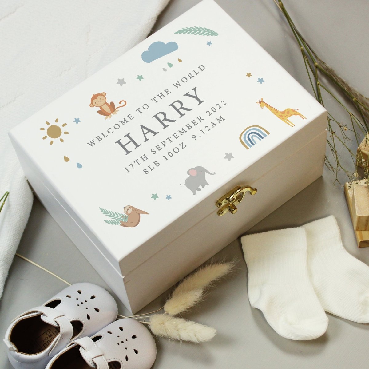 Personalised Safari Animals White Wooden Keepsake Box - I Want That Present