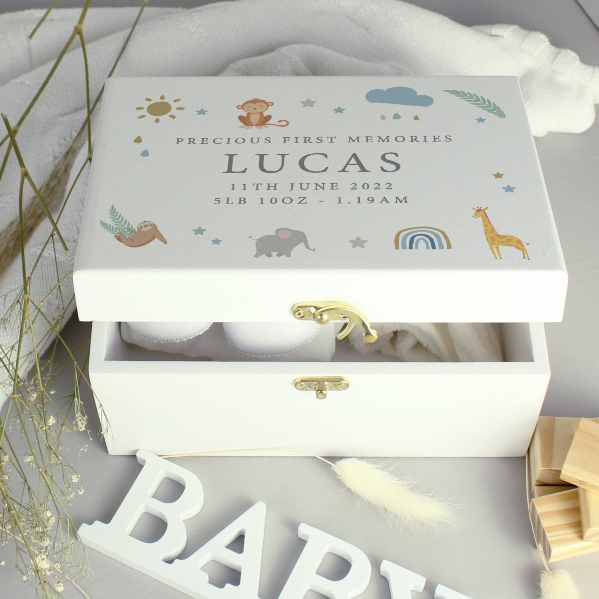 Personalised Safari Animals White Wooden Keepsake Box - I Want That Present