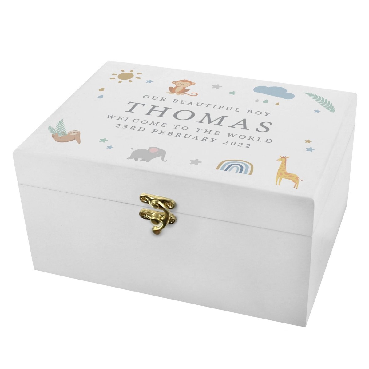 Personalised Safari Animals White Wooden Keepsake Box - I Want That Present