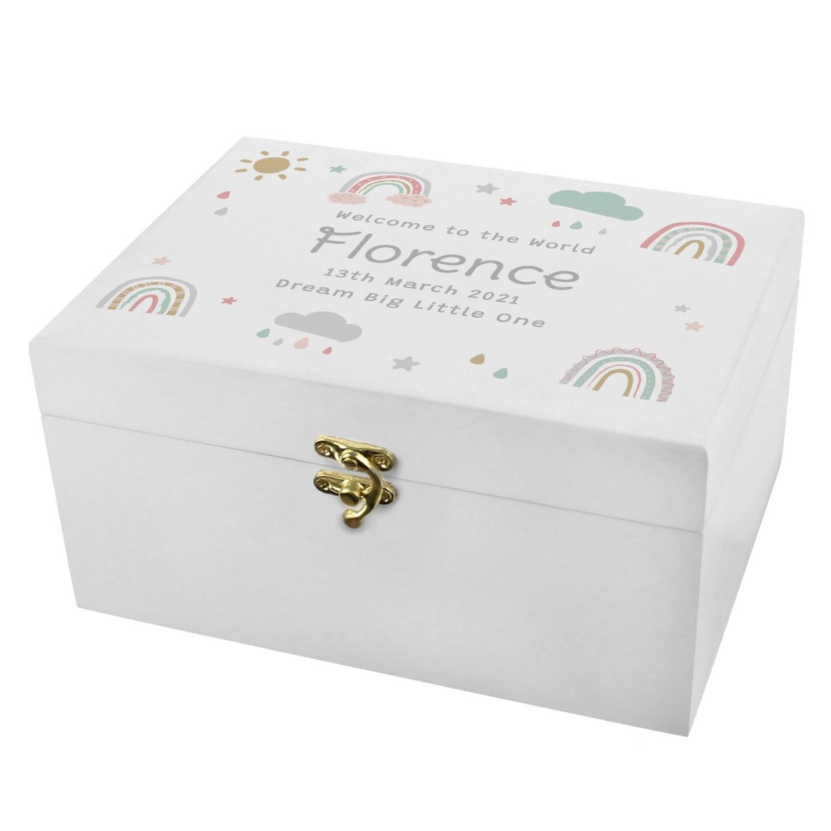 Personalised Rainbow White Wooden Keepsake Box - I Want That Present