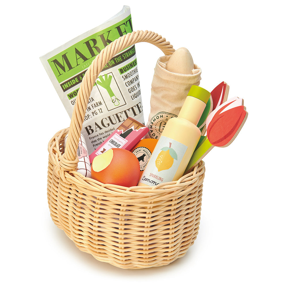 tender leaf toys wicker basket with handle full of great shopping - flowers, newpaper & food