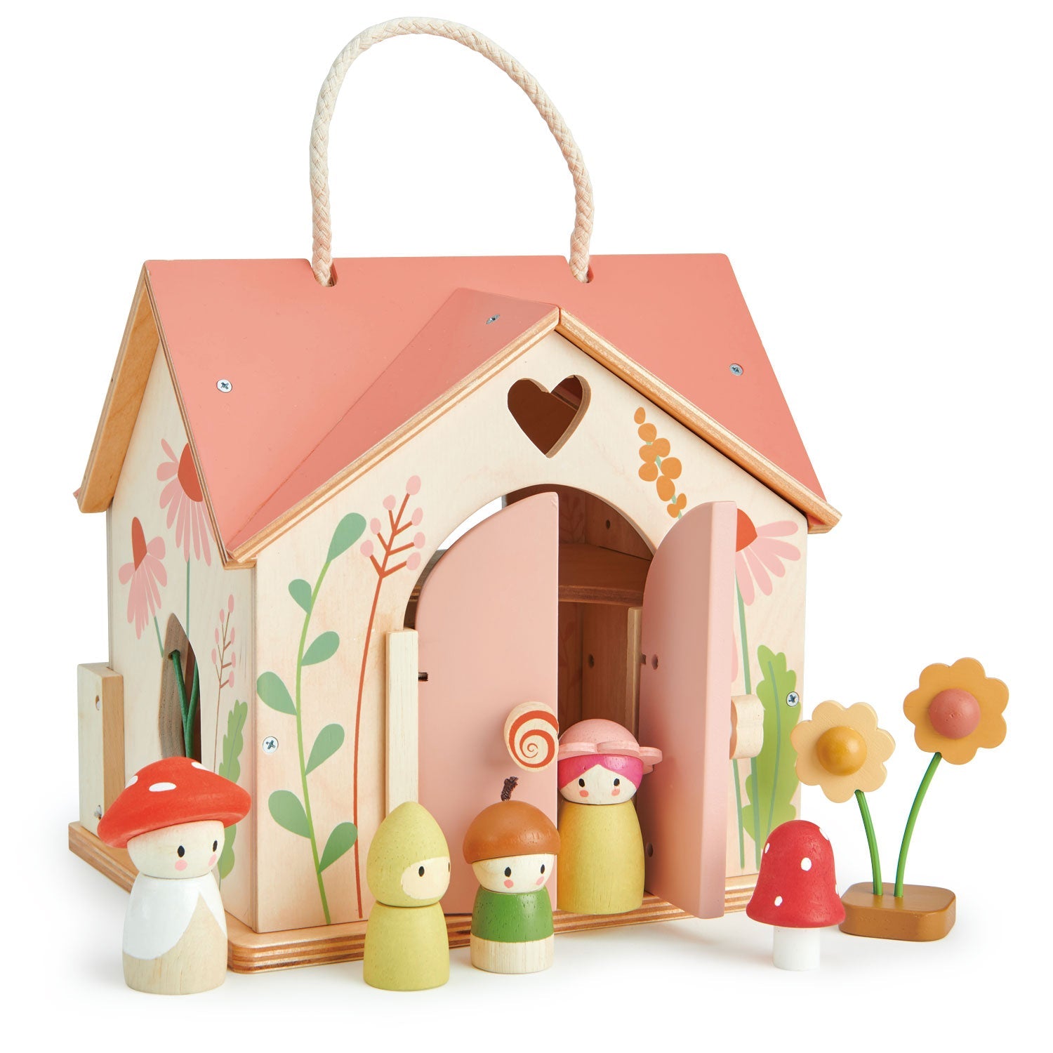 Tender Leaf Toys Rosewood Cottage - A compact and charming wooden dollhouse with rose-colored roof, wildflower decorations, and a removable back panel. Includes furniture and a family of four for imaginative play.