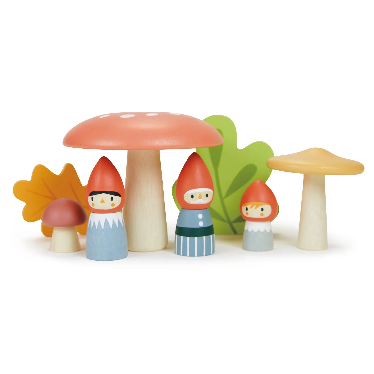 3 tender leaf wooden gnomes sitting under toadstools