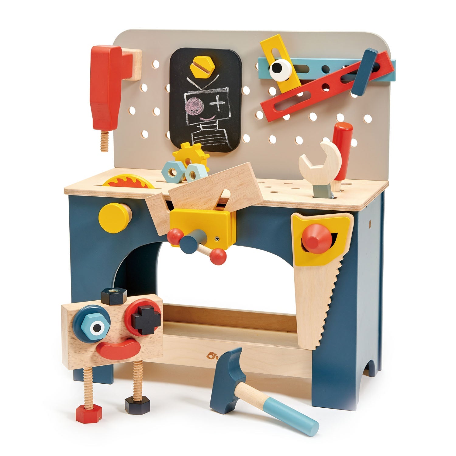 Tender Leaf Toys Table Top Tool Bench - A modern and colorful starter tool bench for toddlers, encouraging creative play and storytelling with a sturdy construction and project tray