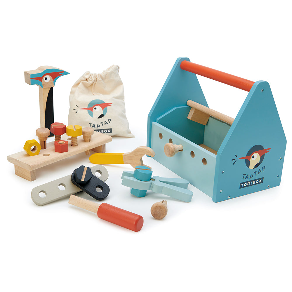 tender leaf toys woodpecker themed tool box and tools in shades of blue and yellow