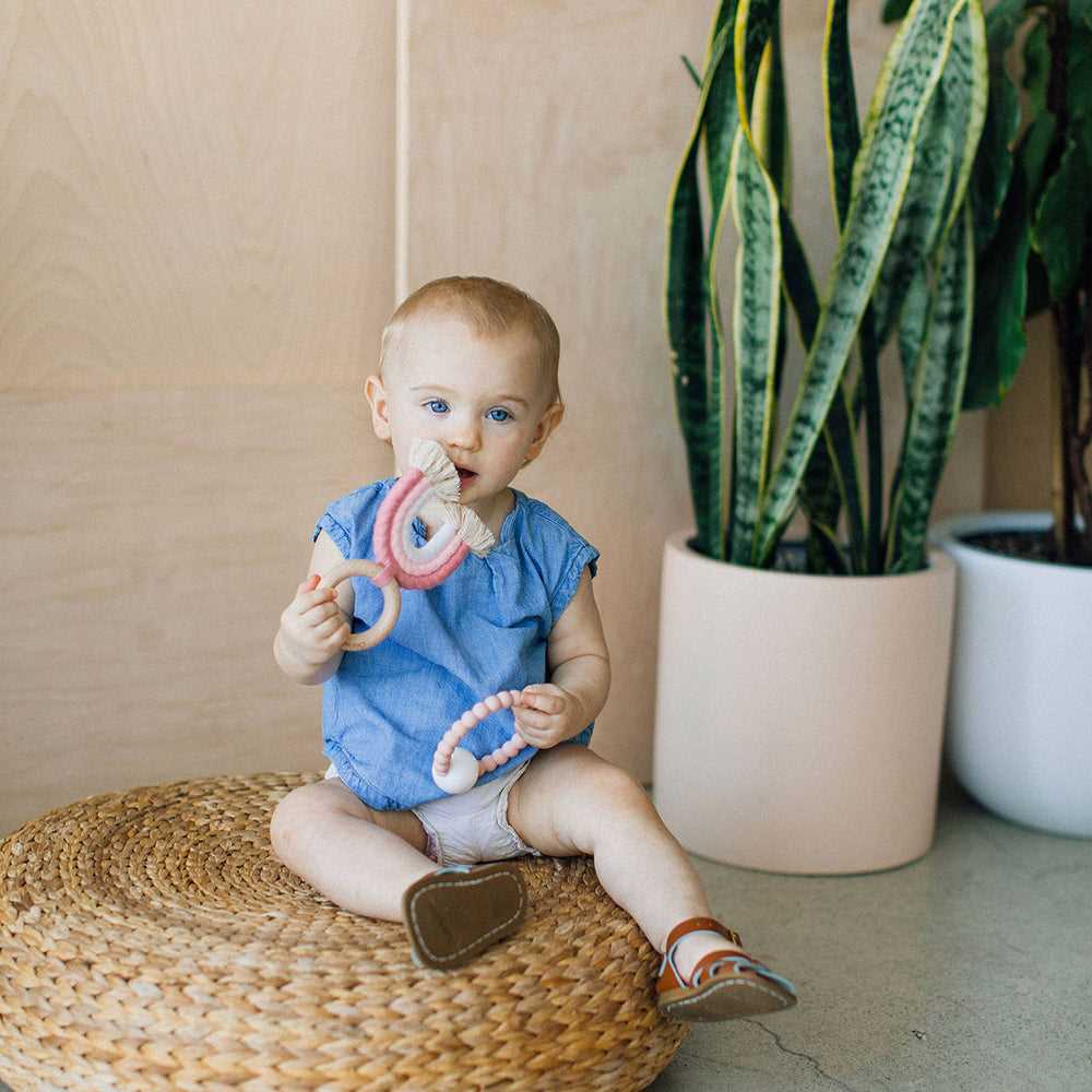 Chewable Charm Rainbow Macrame Teether - Rose & Blush - I Want That Present