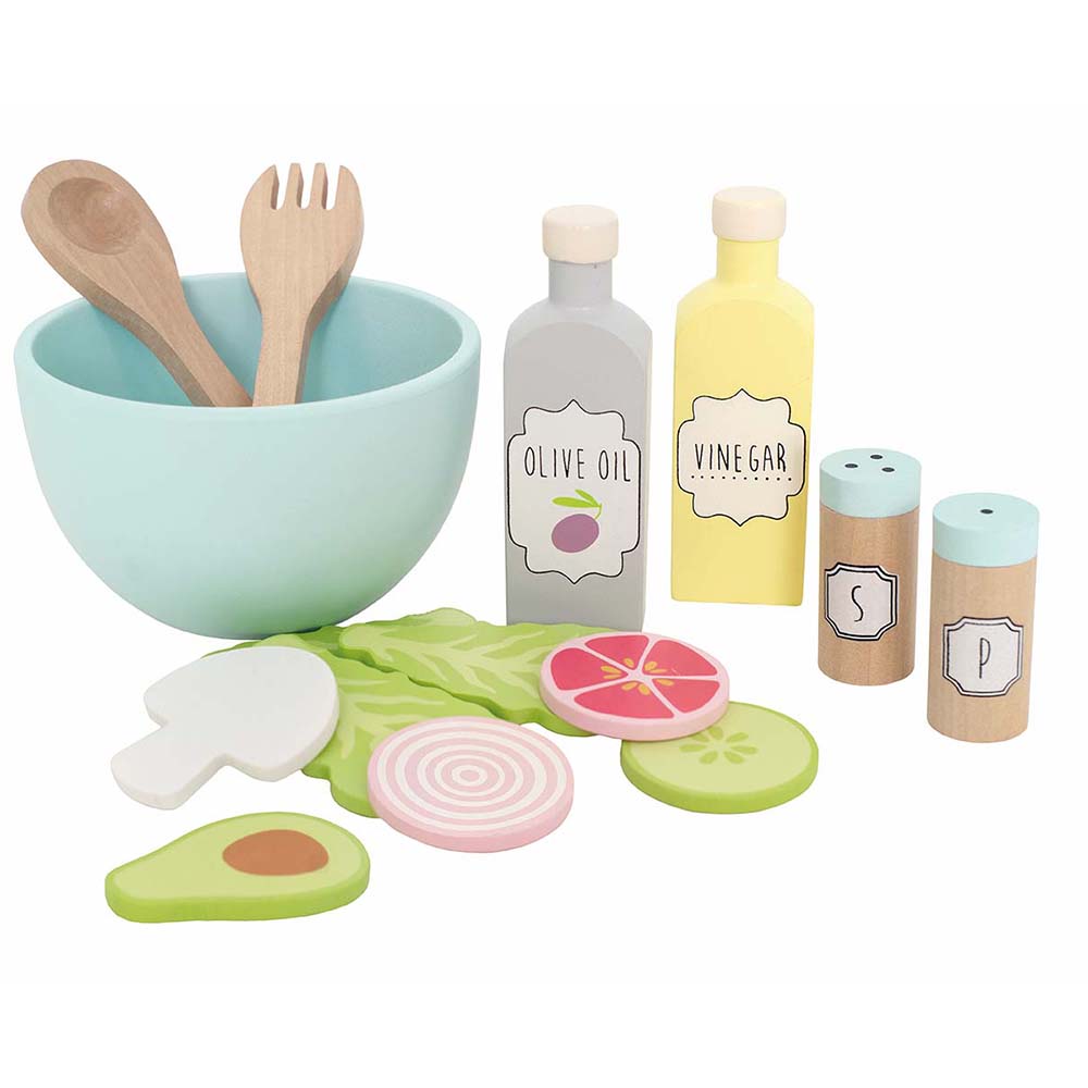 jabadabado wooden blue salad bowl, salad and oil and vinegar set