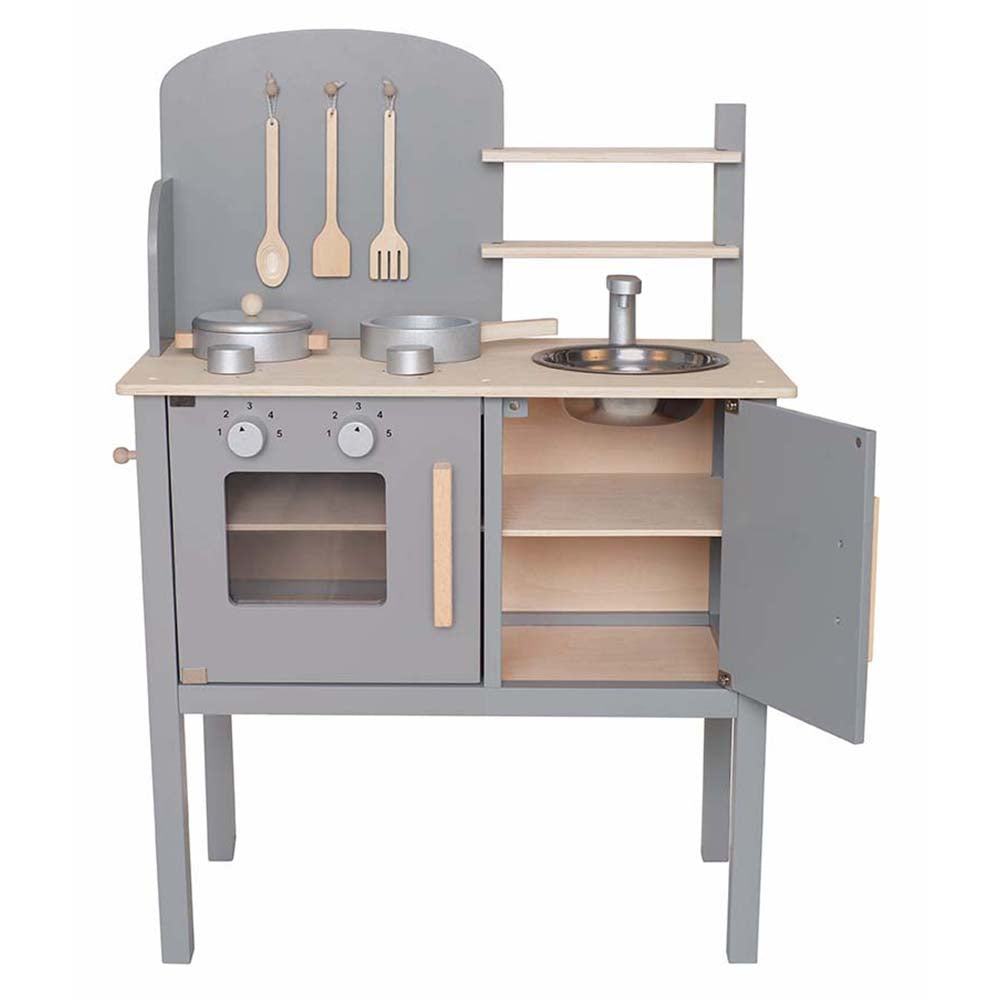 jabadabado grey kitchen with stink, pans and utensils