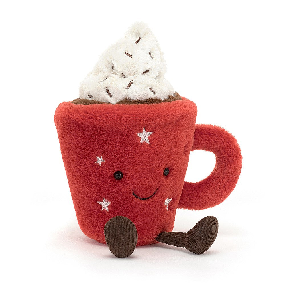 jellycat amuseable fur hot chocolate cup, with bead eyes, embroidered mouth, brown boots and swirly cream on top