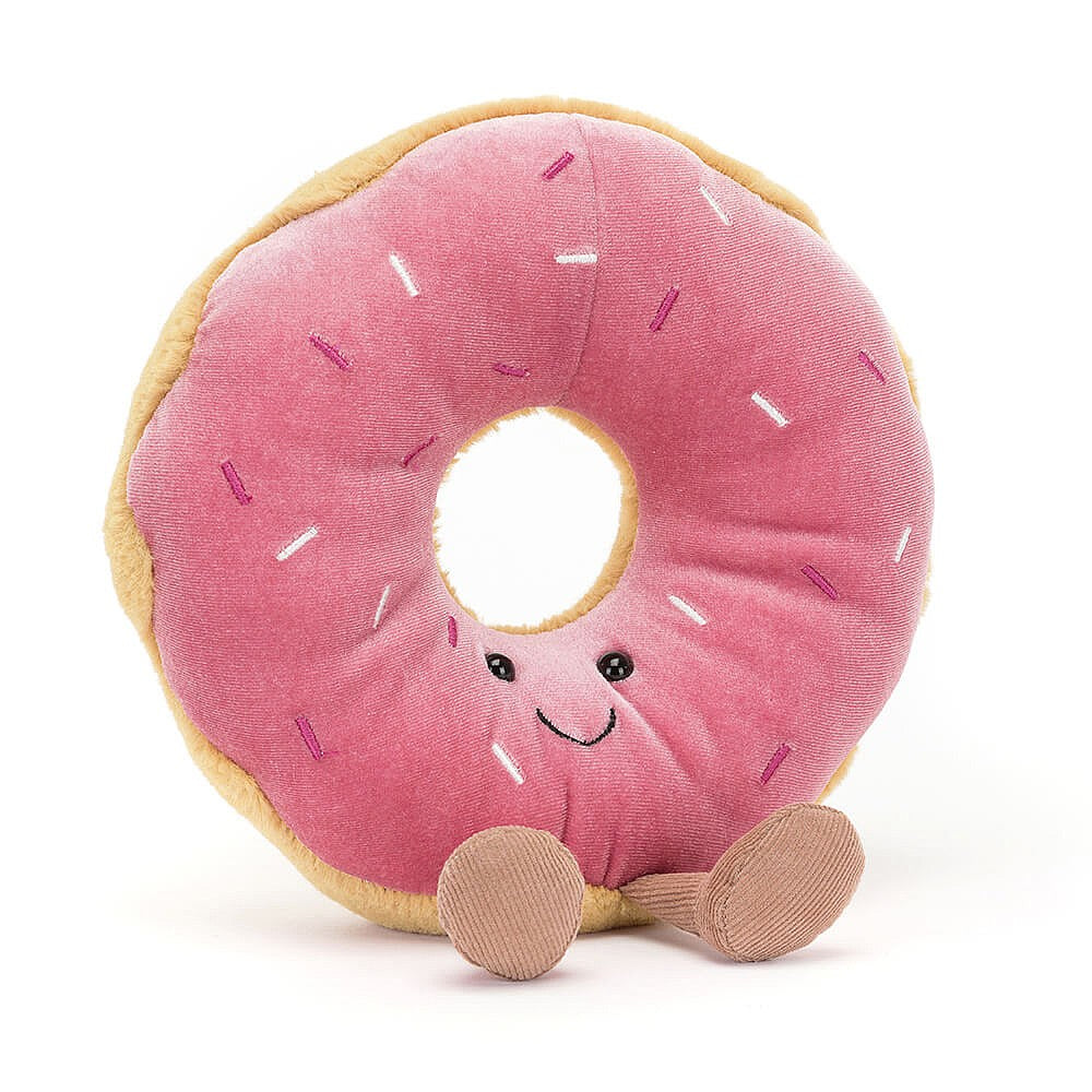 jellycat doughnut with pink icing, bead eyes and embroidered mouth