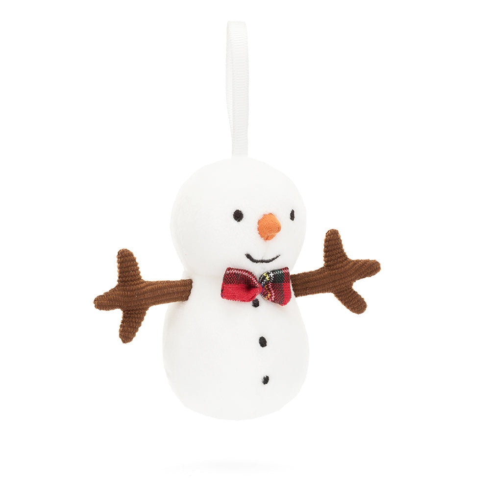 jellycat festive folly snowman with a tartan bow and brown stick arms